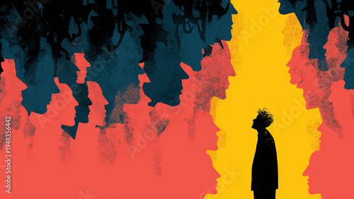 Wallpaper Mural Solitary Figure Crowd Silhouette Individuality Conformity Loneliness Concept Art Illustration Yellow Red Dark Torontodigital.ca