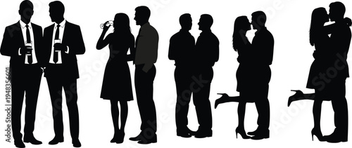 People silhouette collection with couples talking, drinking and kissing, social interaction and romantic relationships concept, men and women group illustration isolated on white background