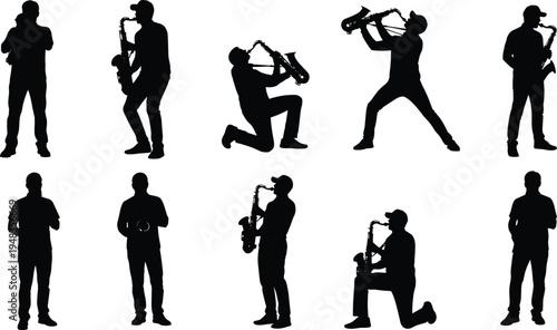 Saxophone player silhouettes collection with musicians performing jazz music in different poses isolated on light background vector illustration set