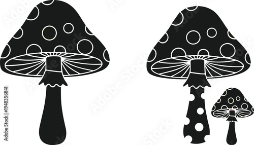 Black and white mushroom silhouette vector set featuring spotted fly agaric fungus illustrations in hand drawn minimalist style for botanical nature themed graphic design projects
