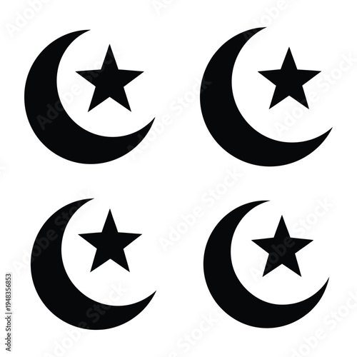 Black crescent moon and star symbols in different orientations on white background
