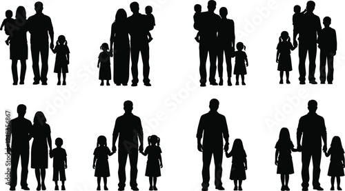 Collection of happy family silhouettes featuring parents holding hands with children and carrying babies isolated on white background for lifestyle and community design