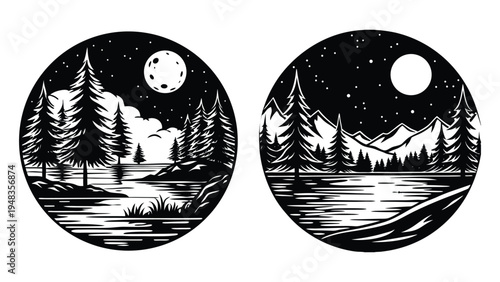 Black and white illustrations of nighttime landscapes with mountains and trees  serene natural scenery
