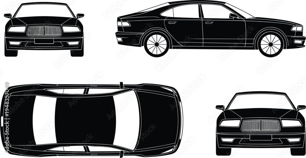 Obraz premium Full set of luxury sedan car silhouettes including front side and top view perspectives isolated on white background vector illustration for automotive transport logo or vehicle technical