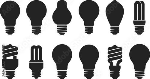 Black light bulb silhouettes vector icons set with various lamp types including incandescent halogen led and energy saving fluorescent bulbs isolated on white background