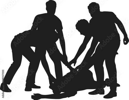 Black silhouette of a group of men surrounding a fallen person on the ground providing medical emergency assistance or engaging in a physical confrontation.