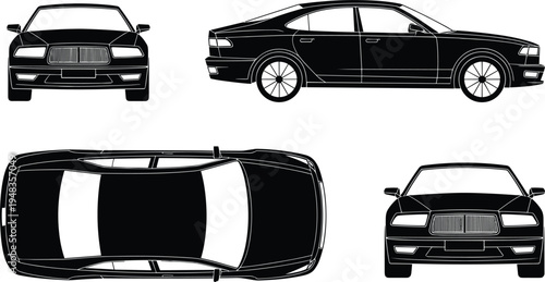Full set of luxury sedan car silhouettes including front side and top view perspectives isolated on white background vector illustration for automotive transport logo or vehicle technical