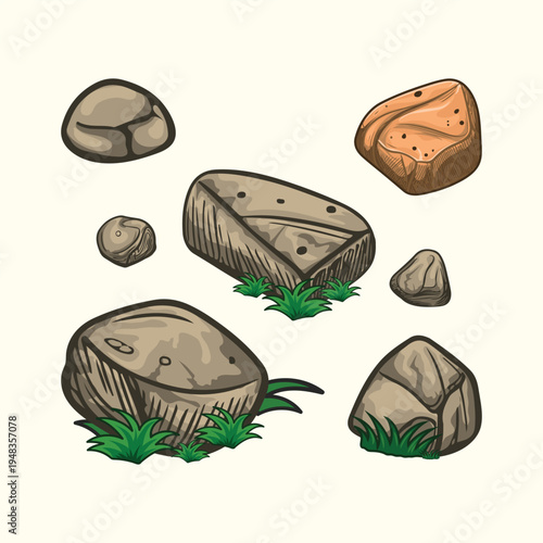 Collection of various grey and brown stones with small grass tufts isolated on background