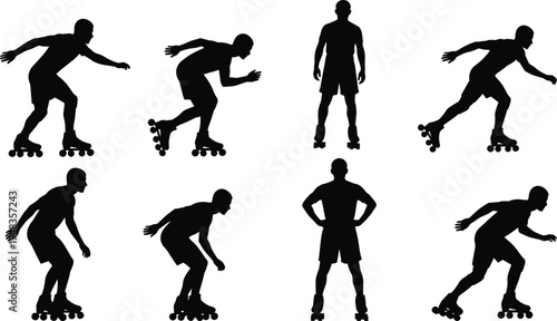 Black silhouette set of male inline skater in various active poses including skating, crouching, and standing isolated on white background for sports design