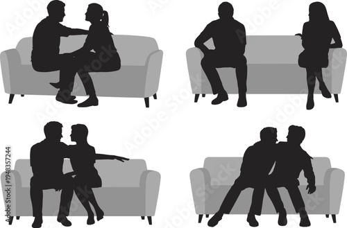 Black silhouettes of couples sitting on sofas in various poses including hugging talking and sitting apart for relationship concept or furniture catalog design.