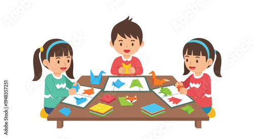 Three happy children, two girls and a boy, are sitting at a wooden table, engaged in folding colorful origami paper into various animal shapes.