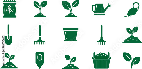 Green gardening icons set for planting and landscaping