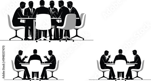 Business silhouettes of professional teams in formal suits sitting at office tables, conducting corporate meetings, brainstorming strategy, and collaborating on projects for professional workplace  .