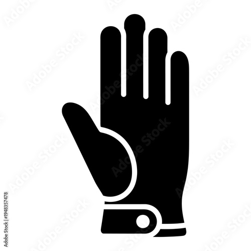 Minimalist black silhouette icon of a sports glove with wrist strap for golf, baseball, or athletic hand protection and safety.