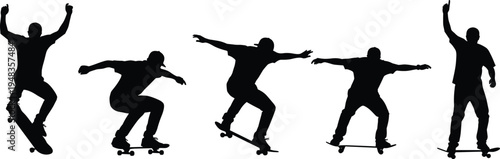 Set of black silhouettes of skateboarders performing tricks and jumping on skateboards isolated on white background for extreme sports urban lifestyle vector design