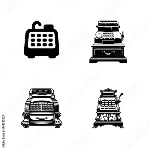 Retro Mechanical Cash Register Machine Silhouette Set