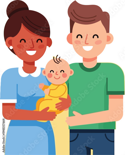 Happy diverse parents lovingly embrace their smiling newborn baby together.