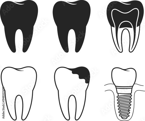 Dental health vector icon set featuring human tooth silhouettes molar anatomy dental implant and cavity illustrations for dentistry clinics stomatology and medical educational brochures