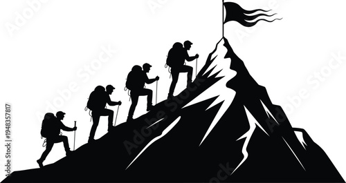 Group of hikers climbing mountain peak in silhouette towards flag on summit isolated on white background vector illustration for teamwork leadership and business success concept
