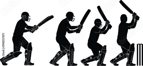 Set of cricket batsman silhouettes with different batting poses and techniques including professional gear and helmet isolated on white background for sports design