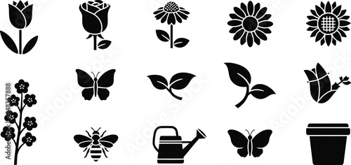 Collection of garden icons featuring flowers butterflies and gardening tools