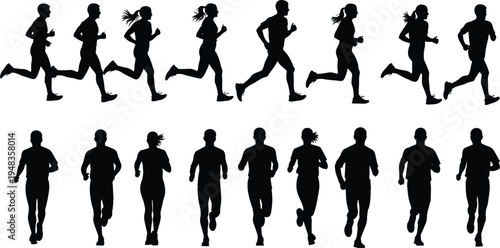 Set of male and female runner silhouettes in various jogging and sprinting poses isolated on white background for sports and fitness design projects