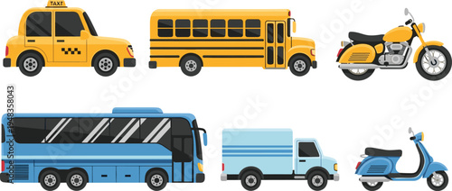 Vector Illustration Set of Urban Transportation Featuring Yellow Taxi School Bus Classic Motorcycle Blue Coach Bus Delivery Truck and Scooter for City Traffic Graphic Designs