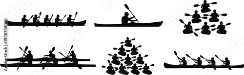 Large set of kayaking and canoeing silhouettes featuring individual paddlers and rowing teams in various boats isolated on white background for outdoor sports.