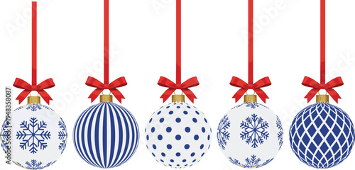 Vector Set of Blue and White Christmas Baubles with Snowflakes Stripes and Polka Dots Patterns Isolated on White Background for Holiday Greeting Cards Branding