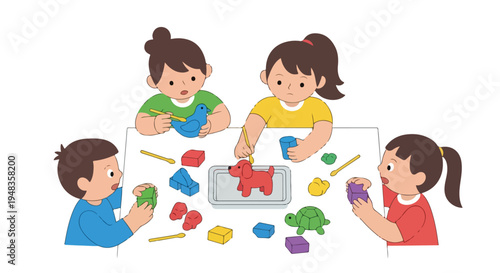 Four children are happily engaged in a creative play activity, molding colorful clay into various shapes like animals and blocks around a white table.