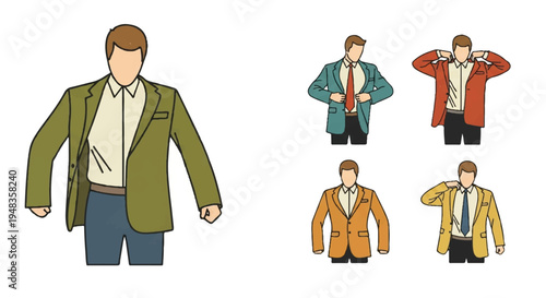 Illustrated man in blazer poses various color options for fashion design