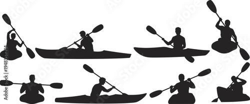 Set of Black Kayaking Silhouettes with People Paddling in Kayaks and Canoes Isolated on White Background for Outdoor Water Sports and Adventure Graphic Design