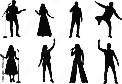 Black silhouettes set of happy people jumping for joy celebrating success and showing winning gestures isolated on white background for motivation and achievement concepts