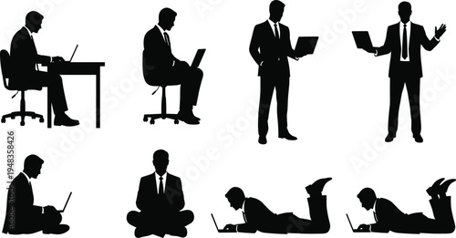 Set of businessman silhouettes in suits working on laptops in various poses sitting at desk standing lying down and meditating on white background