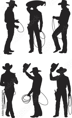 Set of six cowboy silhouettes wearing hats and holding lassos isolated on white background for western themed graphic design, wild west posters, and ranching.