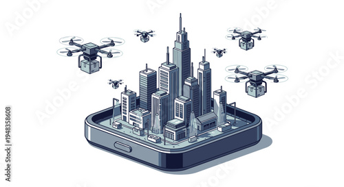 Smart City Logistics: Drone Delivery Network Above Modern Urban Landscape