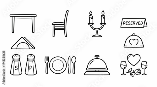 Simple outline vector icons depicting restaurant dining hotel service elements isolated on transparent background cutout PNG