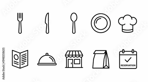 Simple outline restaurant and food service icons, transparent for easy use