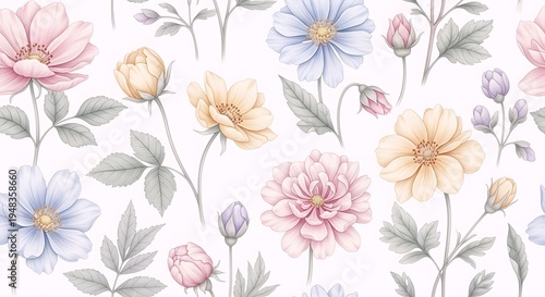 A delicate watercolor illustration of a seamless pattern featuring a variety of blooming flowers and buds in soft pastel colors.