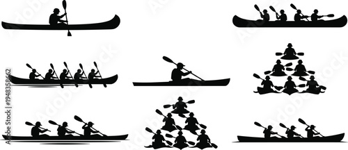 Vector black silhouettes of people rowing in kayaks and canoes, featuring solo paddlers and teams practicing water sports, teamwork, and outdoor river adventure activities.