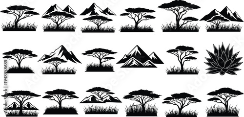 Black African savanna landscape silhouette set with acacia trees mountains and grass isolated on white background for safari nature travel and vector design