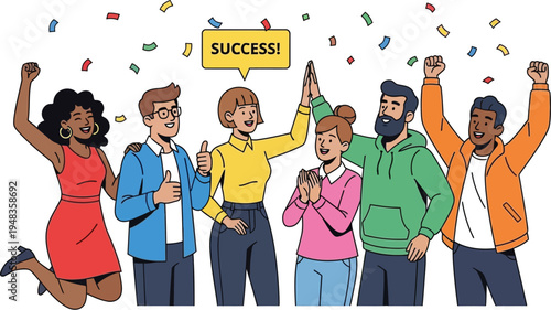 Diverse team celebrates collective success with high five and confetti.
