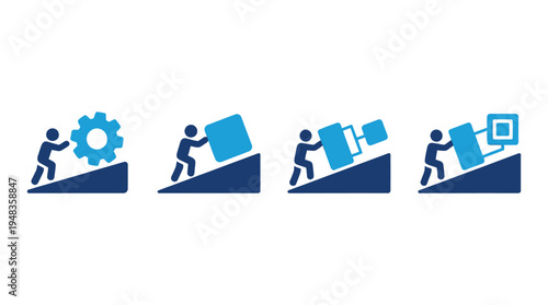 People Pushing Objects Up Hill For Business Concept Of Challenge And Effort