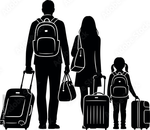 Family travel silhouette with father mother and daughter carrying suitcases and backpacks for summer vacation holiday trip and airport relocation