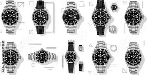 Minimalist Watch Illustrations with Black and Silver Dials, Geometric Shapes, and Clean Lines for Modern Timepiece Designs