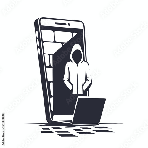 Cybersecurity concept: Hacker figure in smartphone silhouette, representing online threats and data risk