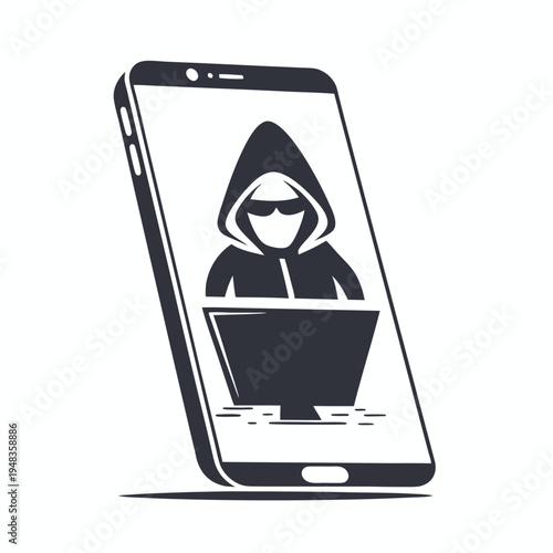 Hacker icon in smartphone silhouette, symbolizing digital threats and unauthorized access