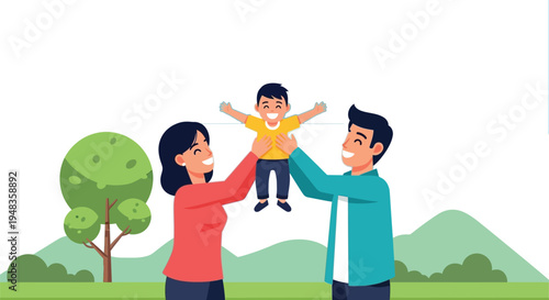 Parents joyfully lift their happy young son high above them in a park.