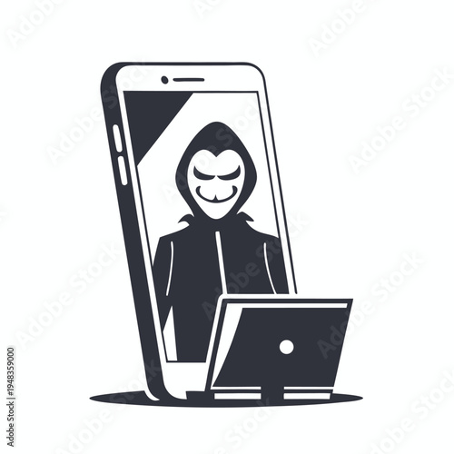 Anonymous hacker silhouette within a smartphone, illustrating cyber threats and digital danger