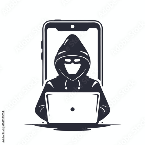 Cyber threat concept: Hacker figure silhouette inside a mobile phone, digital intrusion warning